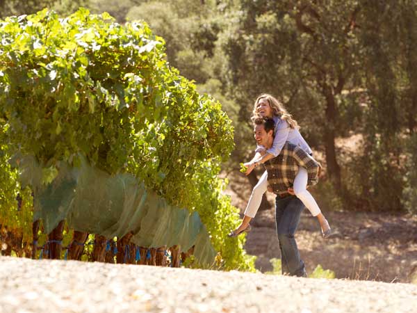 Couple Piggyback Ride in Napa Vineyard