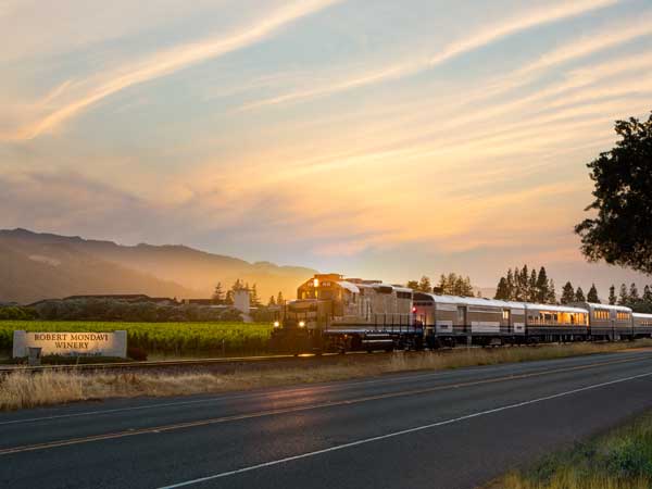 Wine Train and sunset in Napa Valley, California